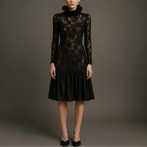 VINTAGE 70s VICTOR COSTA Couture Pleated Ruffle and Lace Midi Dress